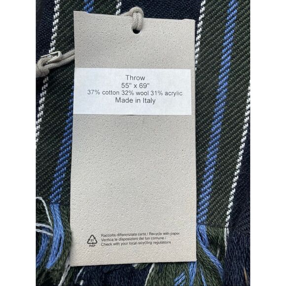 Trussardi Casa Throw Wool Blend Made In Italy 55x69” Blue, White & Green Stripes - Picture 5 of 6